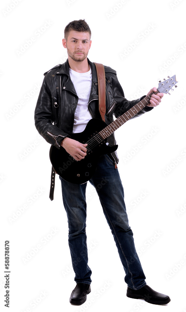 Young musician playing guitar, isolated on white Young musician playing guitar, isolated on white