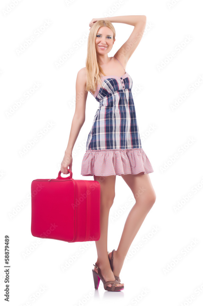Woman preparing for vacation with suitcase on white Woman preparing for vacation with suitcase on white