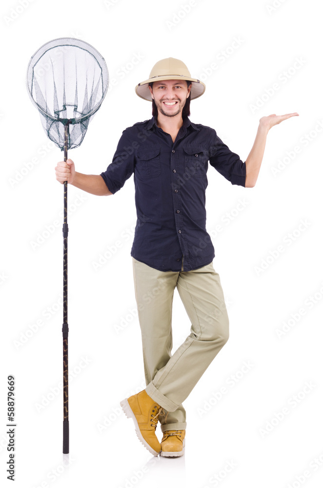 Funny guy with catching net on white Funny guy with catching net on white