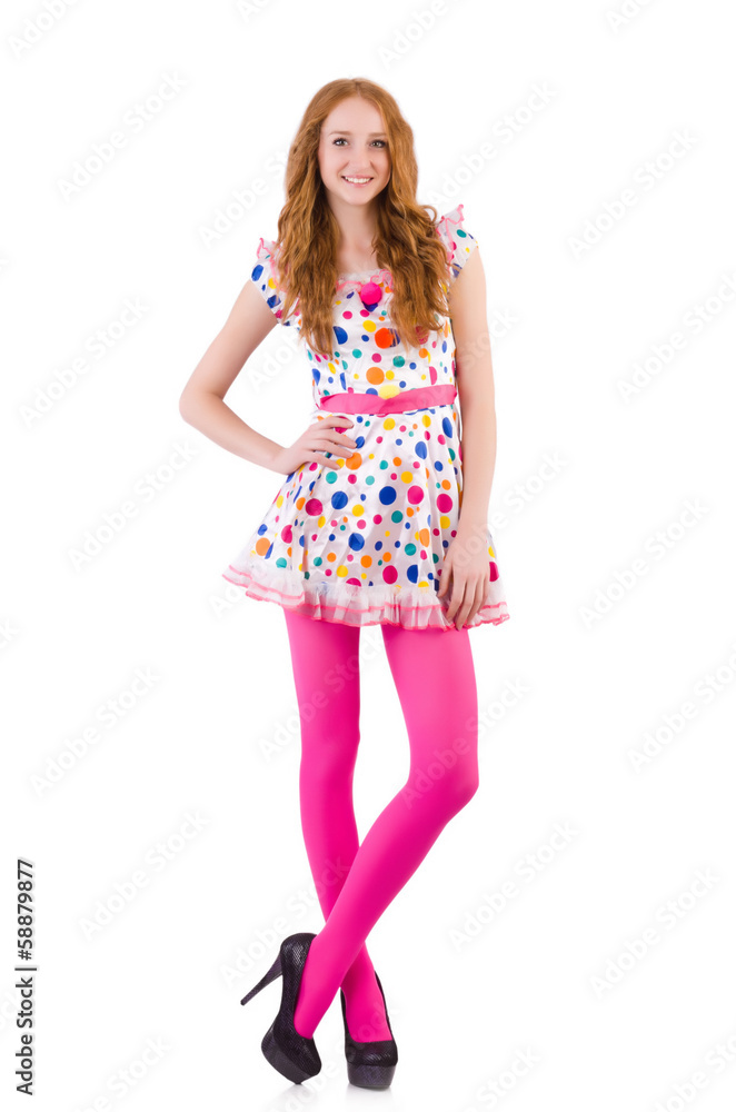 Young model with pink stockings on white Young model with pink stockings on white