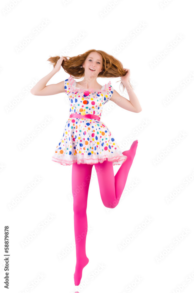 Young model with pink stockings on white Young model with pink stockings on white