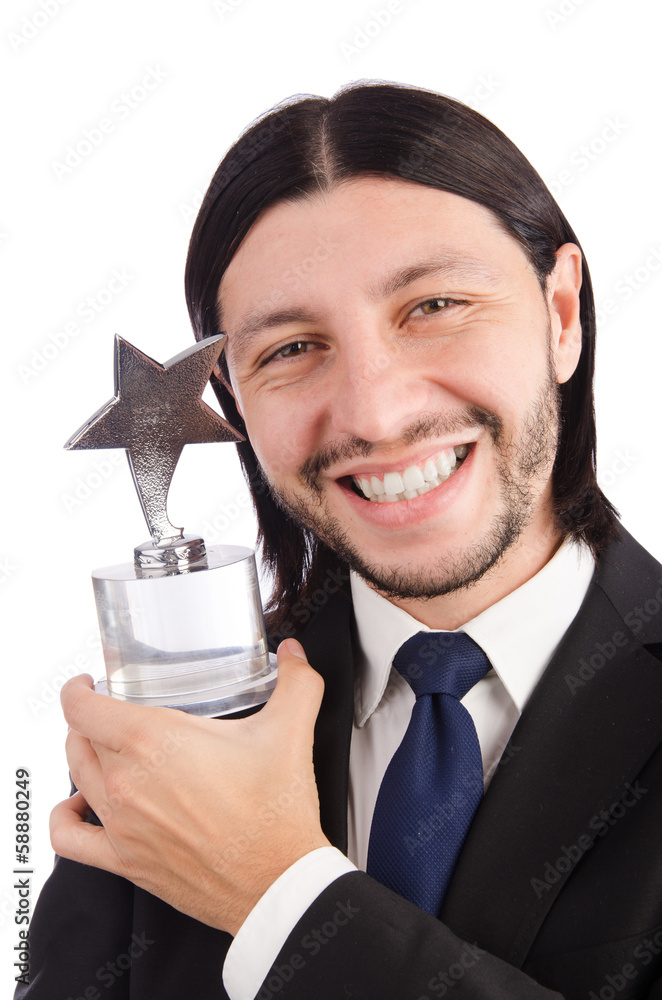 Businessman with star award isolated on white Businessman with star award isolated on white