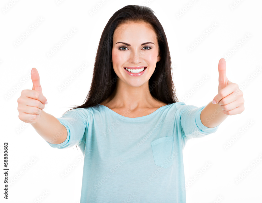 Portrait of thу happy woman with thumbs up Portrait of thу happy woman with thumbs up