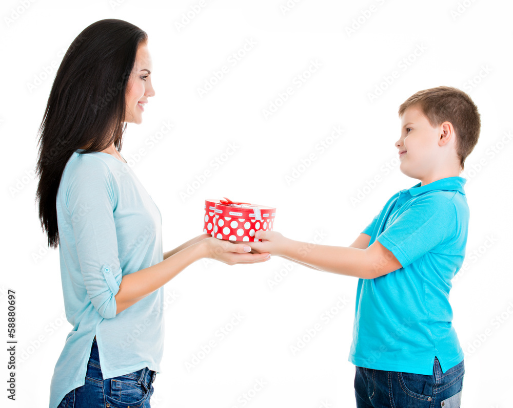 Happy son giving a gift to his mother. Happy son giving a gift to his mother.