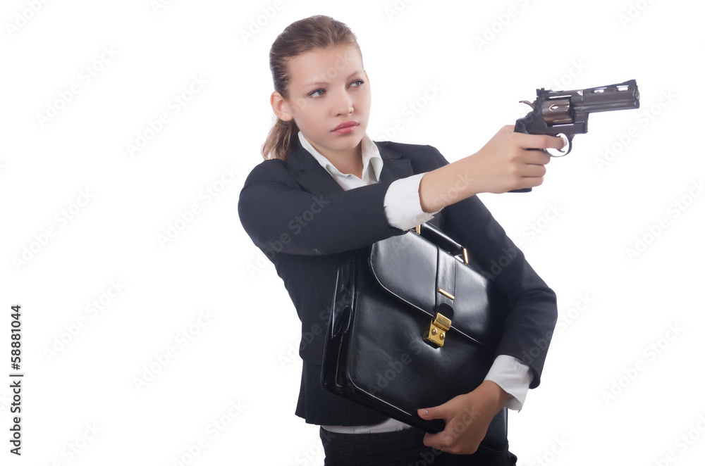 Woman businesswoman with gun on white Woman businesswoman with gun on white