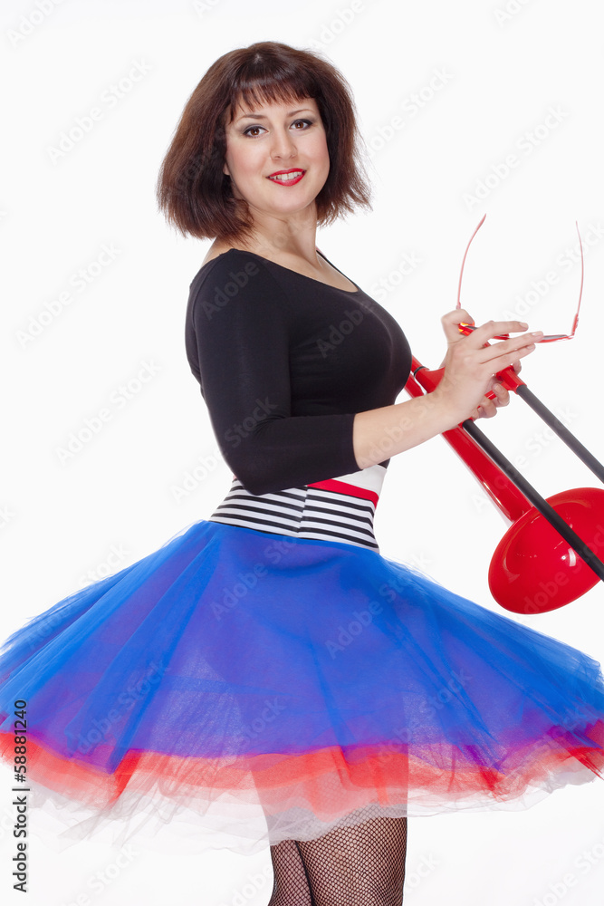 Young Female Musician with Red Trombone Dancing Young Female Musician with Red Trombone Dancing