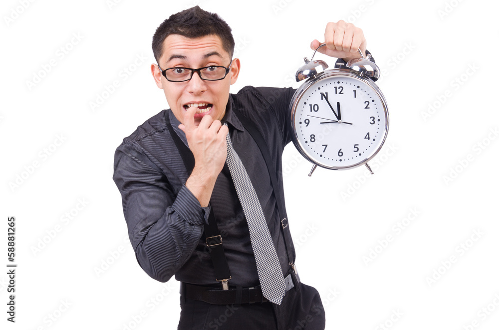 Funny businessman with clock isolated on white Funny businessman with clock isolated on white