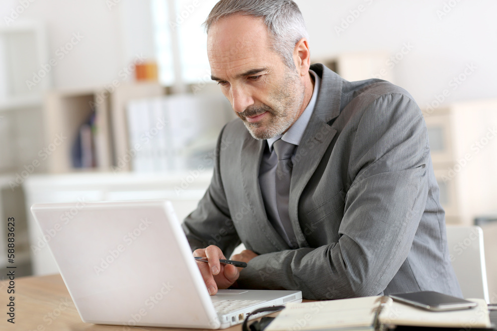 Senior businessman working on laptop computer Senior businessman working on laptop computer