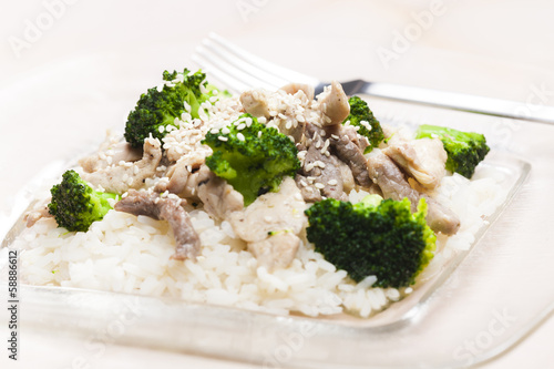 pork meat with broccoli and rice