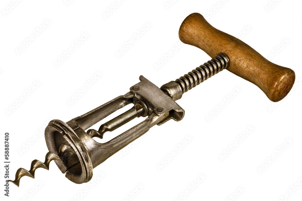 Retro styled image of an old corkscrew isolated on white