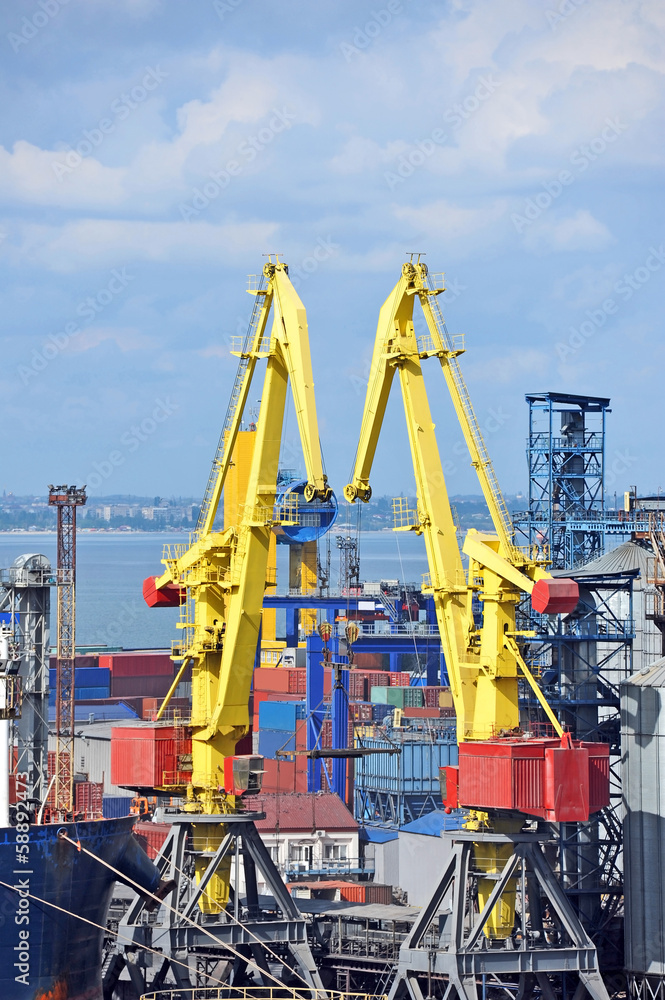 Cargo crane and grain dryer in port Odessa, Ukraine