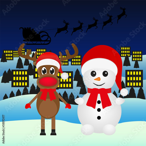 snowman and reindeer on city background