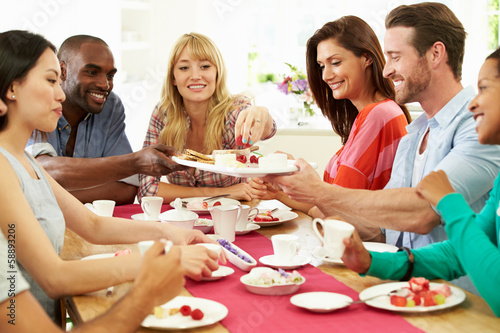 Photography Group Of Friends Having Cheese And Coffee Dinner Party