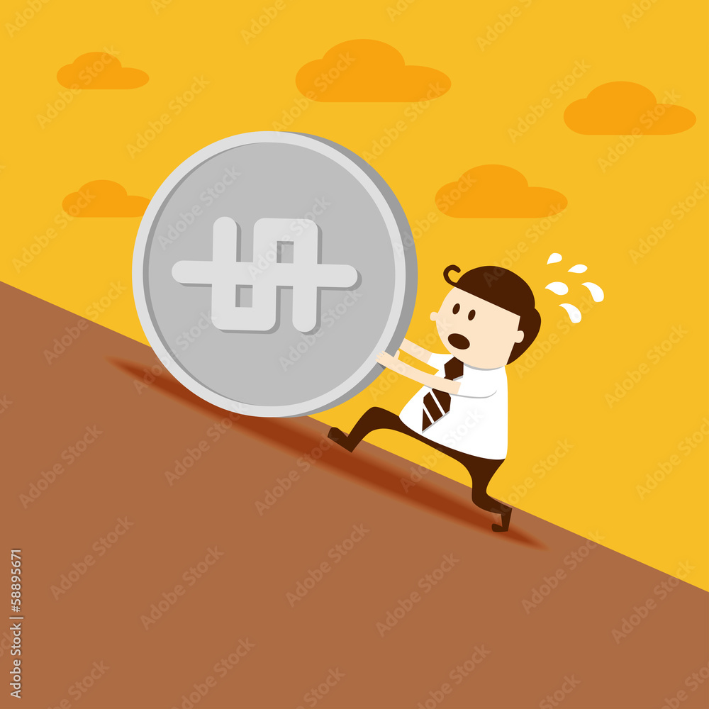 Business man push dollar coin up Business man push dollar coin up