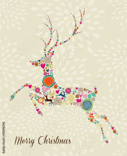 Merry Vintage christmas elements jumping reindeer