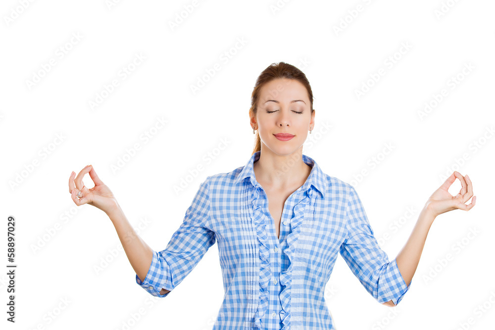 Closeup portrait of attractive woman in meditation zen mode Closeup portrait of attractive woman in meditation zen mode