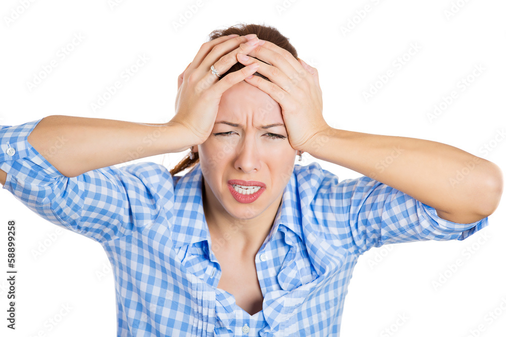 Stressed, upset, nervous young woman having headache Stressed, upset, nervous young woman having headache