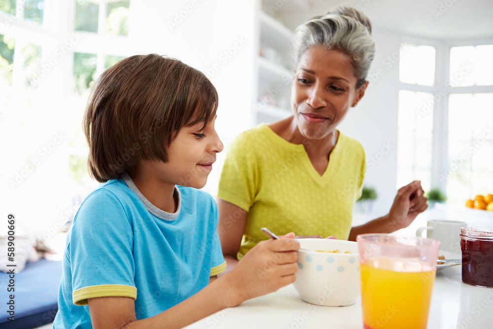 Grandmother And Grandson Having Breakfast Together Grandmother And Grandson Having Breakfast Together