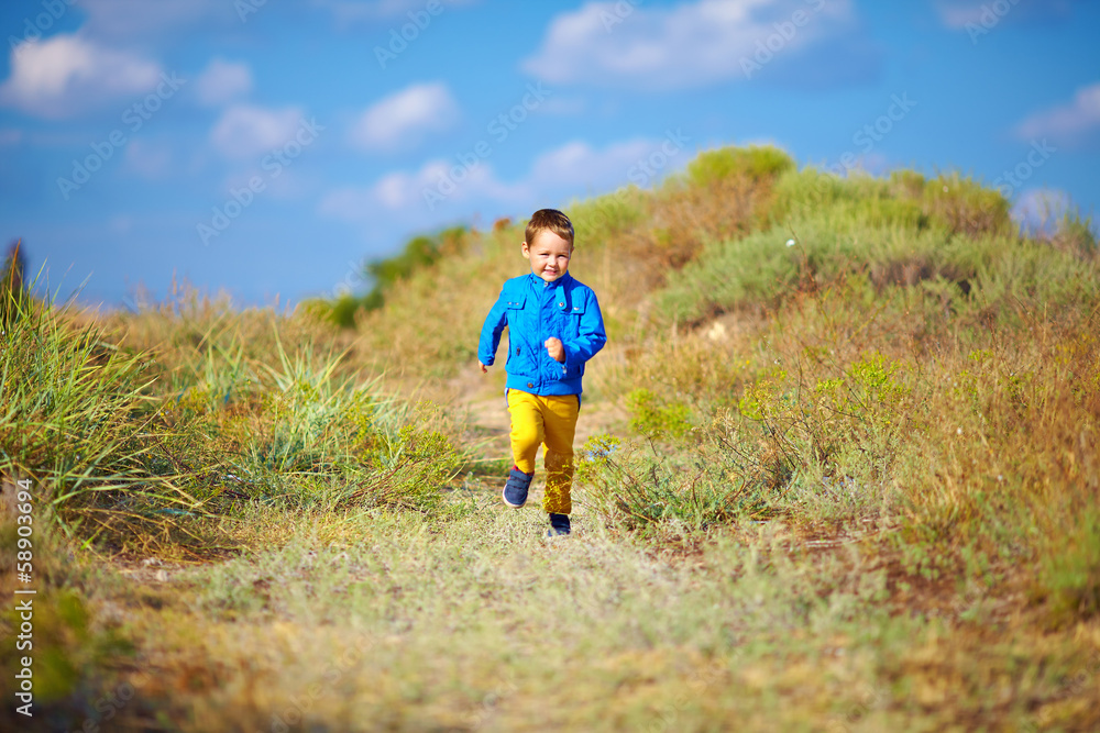 happy kid running the summer field