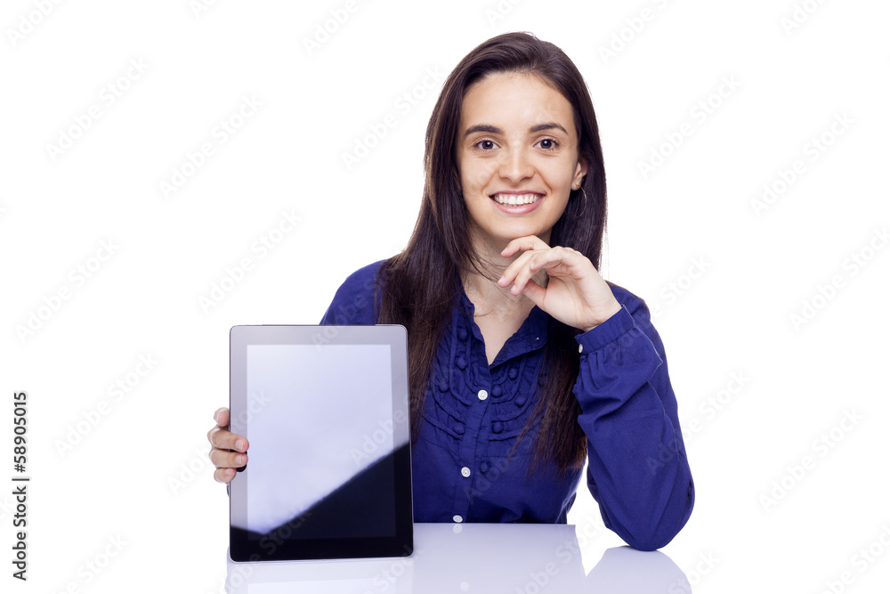Business woman holding a tablet computer, isolated over a white Business woman holding a tablet computer, isolated over a white