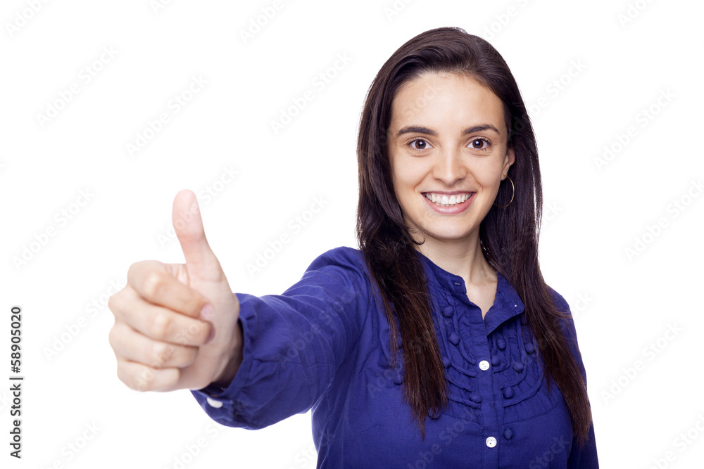 Happy smiling woman with thumbs up gesture, isolated on white ba Happy smiling woman with thumbs up gesture, isolated on white ba