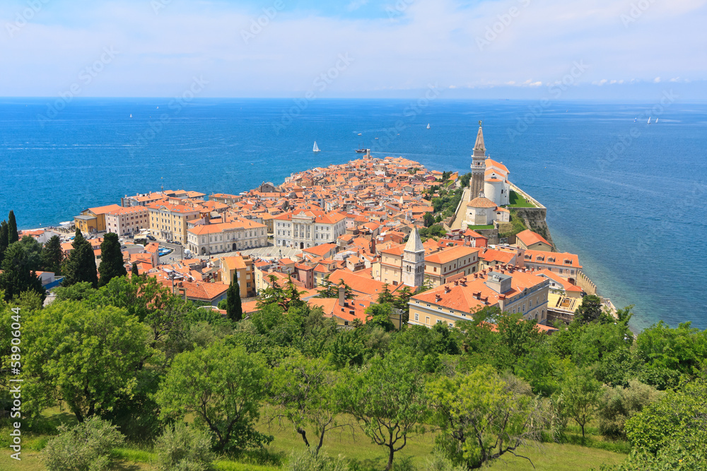 A view of the old coastal city Piran center from the town walls