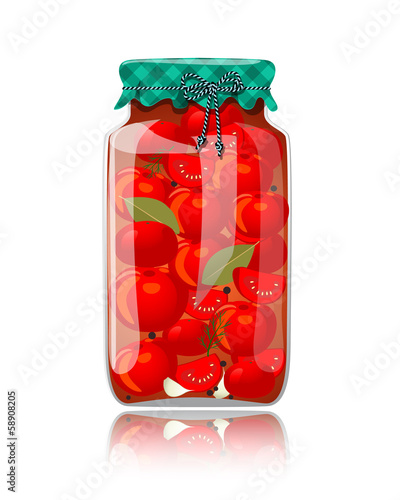 Glass jar of preserved tomatoes and spices