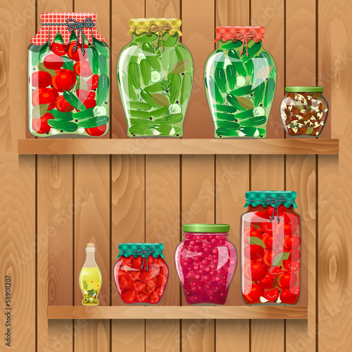 wooden shelves with  organic food