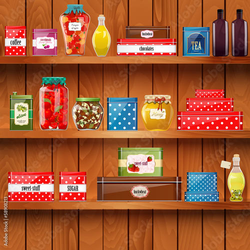 wooden shelves with  organic food