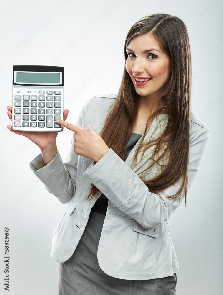 Woman accountant show calculator. Young business woman. Woman accountant show calculator. Young business woman.