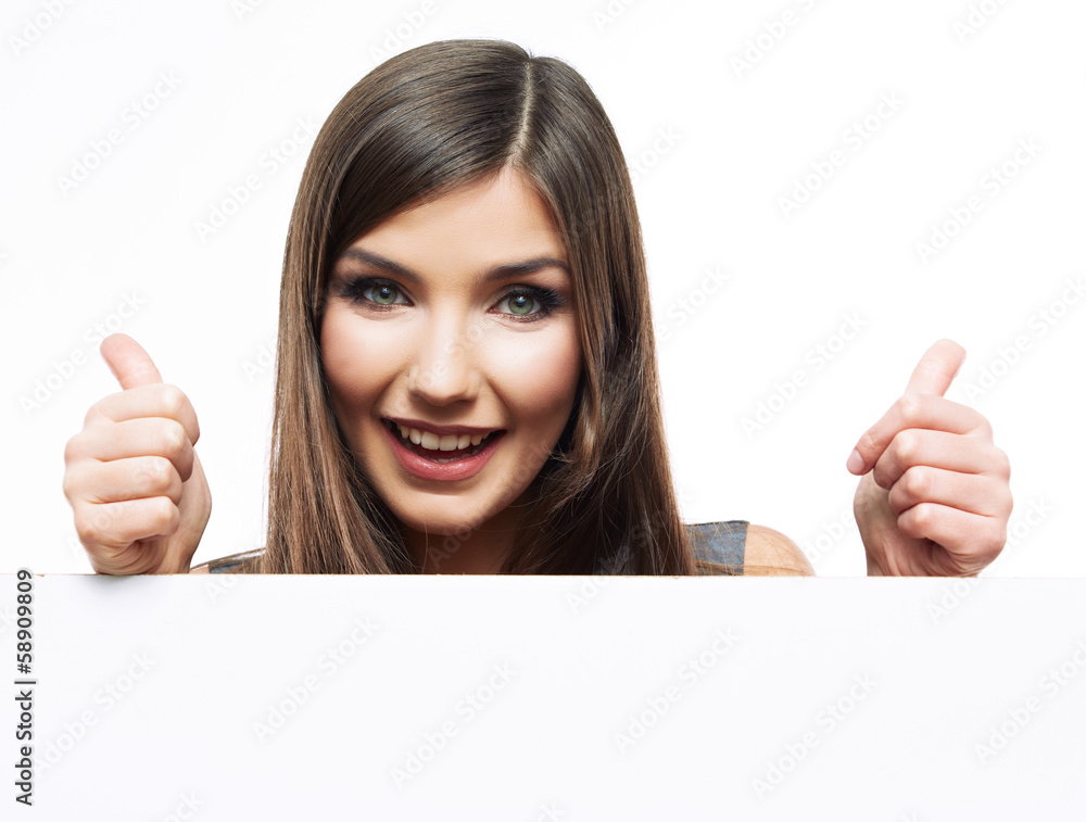 smiling woman show white blank board. smiling woman show white blank board.