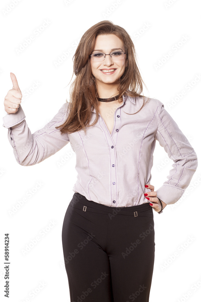 young woman posing on white background with thumbs up young woman posing on white background with thumbs up
