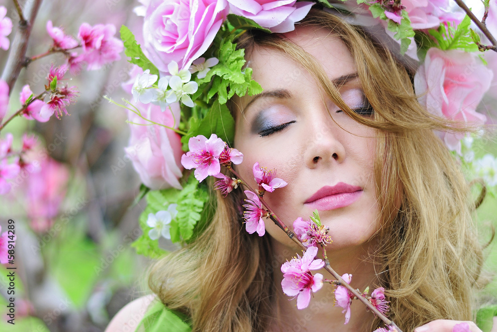 beautiful girl in the flowered garden peach beautiful girl in the flowered garden peach
