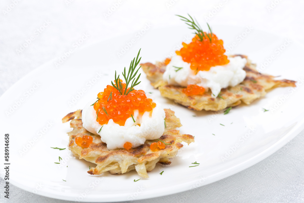potato pancakes with caviar, close-up potato pancakes with caviar, close-up