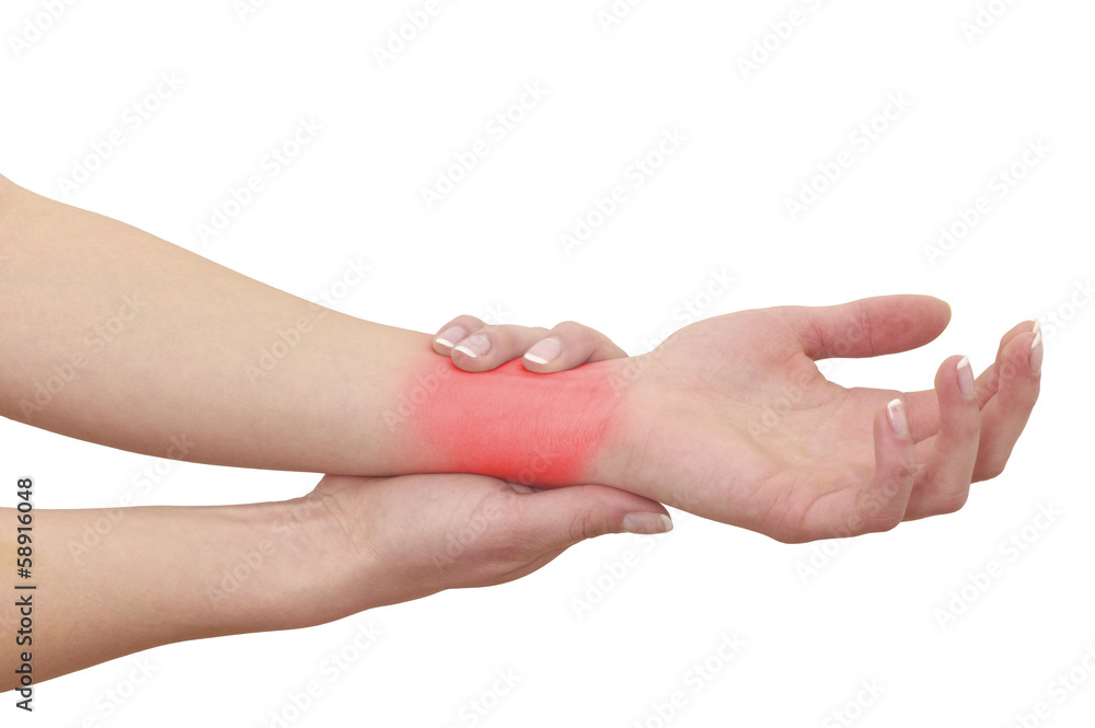 Acute pain in a woman wrist. Female holding hand to spot of wris Acute pain in a woman wrist. Female holding hand to spot of wris