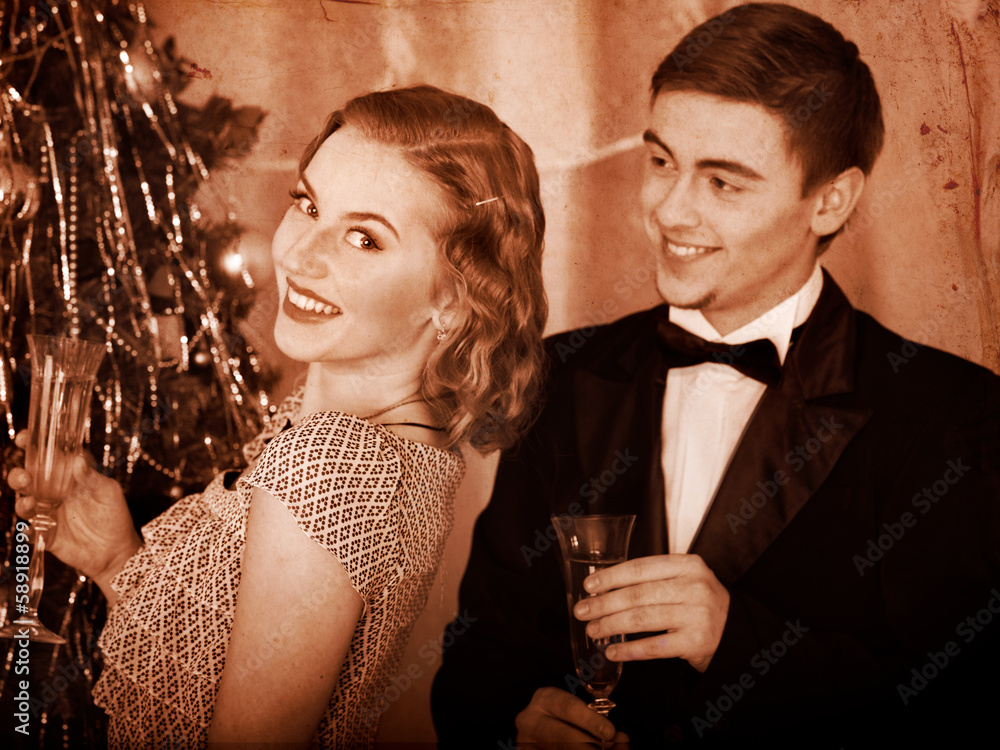 Couple on Christmas party. Black and white retro. Couple on Christmas party. Black and white retro.