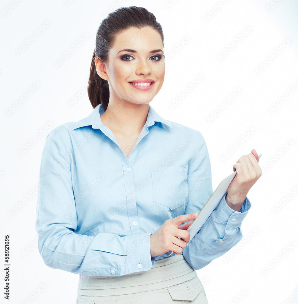 Woman hold white paper banner isolated over white background Woman hold white paper banner isolated over white background