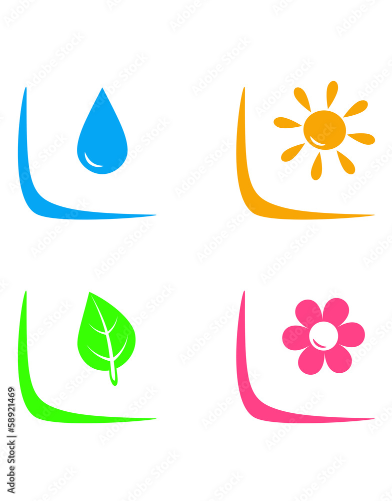 set of landscaping signs with water drop, flower, sun and leaf