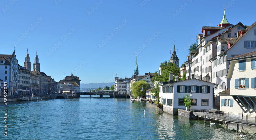 Zurich downtown across Limmat river