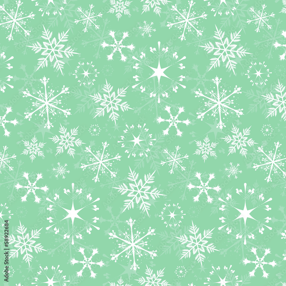 Seamless vector pattern - white snowflakes on green background