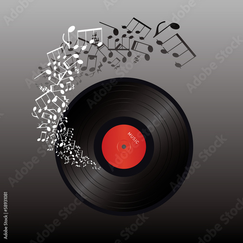 vinyl and music notes on dark background