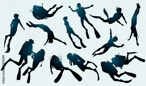 Set of divers and freedivers silhouette.
