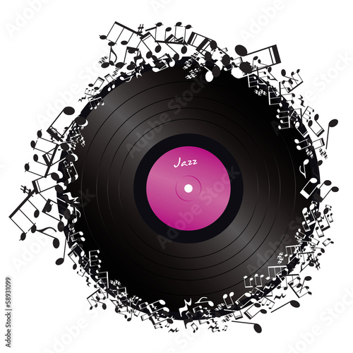 vinyl surrounded by music notes on white background