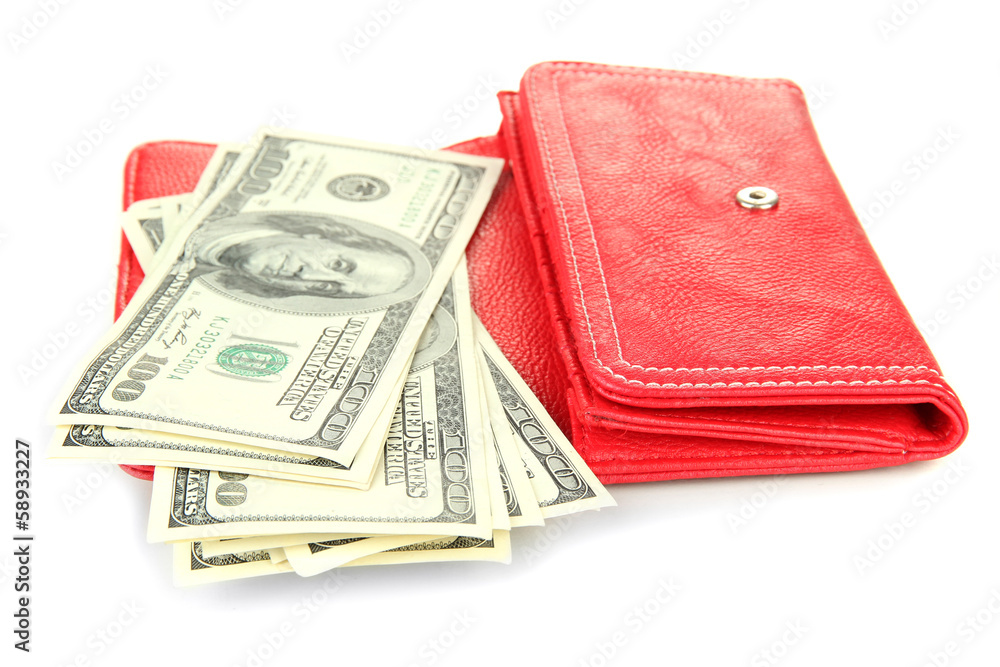 Purse with hundred dollar banknotes, isolated on white Purse with hundred dollar banknotes, isolated on white