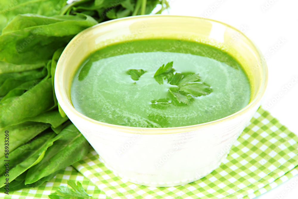 Tasty spinach soup, isolated on white Tasty spinach soup, isolated on white