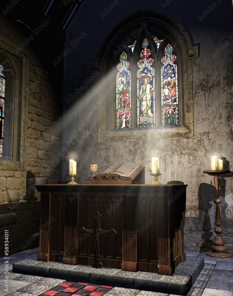 Ołtarz z księgą i świecami w średniowiecznej katedrze - obrazy, fototapety, plakaty 