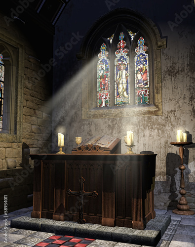 Ołtarz z księgą i świecami w średniowiecznej katedrze