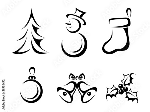 Collection of Christmas elements. Vector black silhouettes.