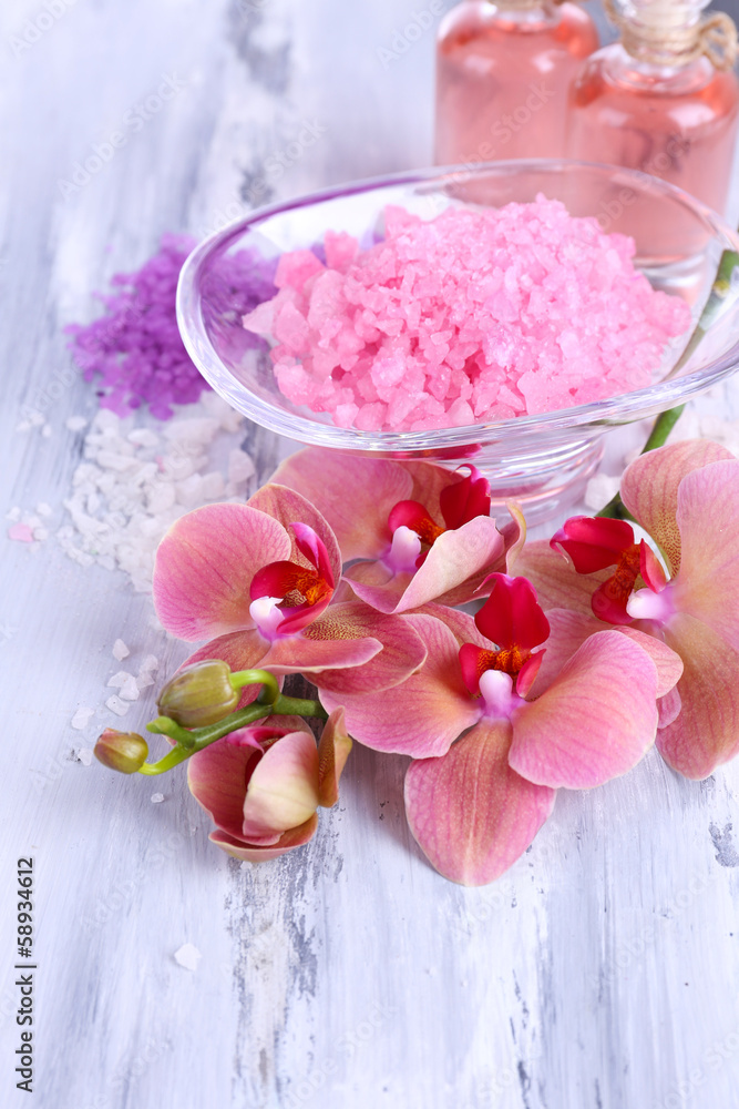 Spa treatments on color wooden background Spa treatments on color wooden background