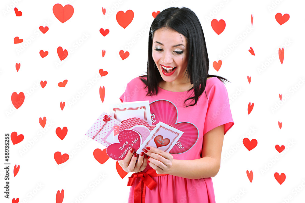 Attractive young woman with cards on Valentine Day Attractive young woman with cards on Valentine Day